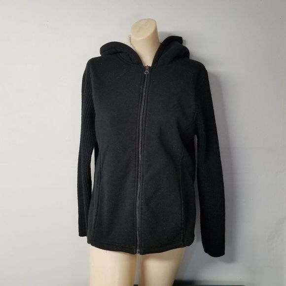 Effect black hoodie sweater with knit sleeve - Picture 1 of 11